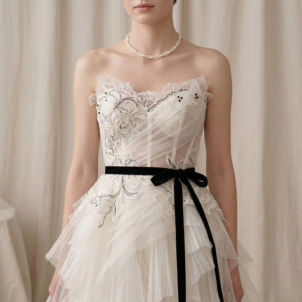 Radiant bride wearing a heavy multi-strand 3mm tiny pearl collar for an effortless old-money elegance bridal look.