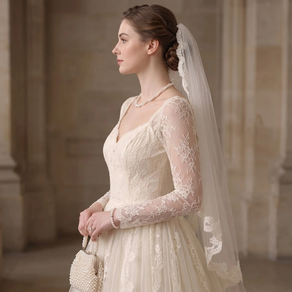 Woman wearing a woven pearl collar necklace, showcasing timeless heirloom-inspired elegance and vintage luxury.