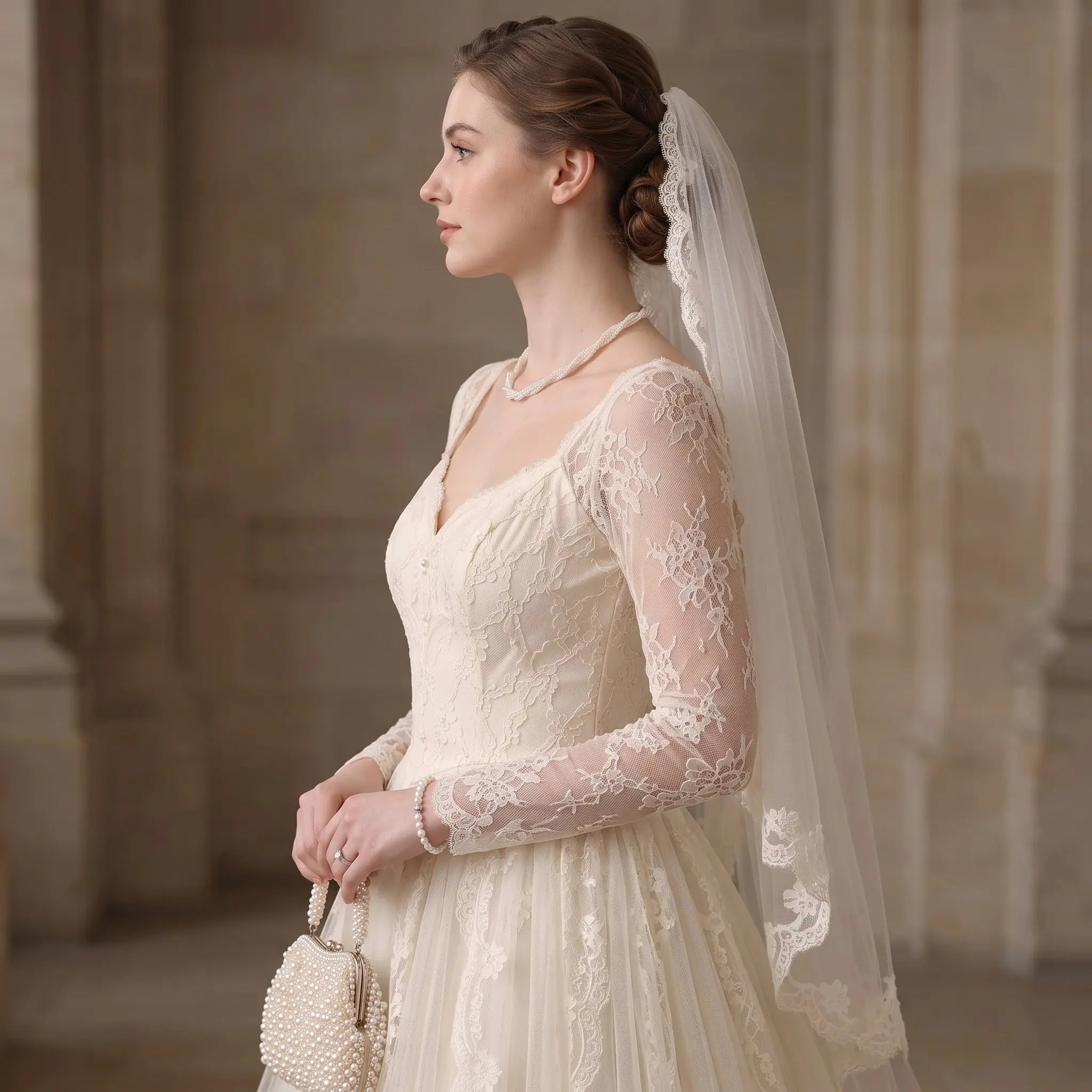 Woman wearing a woven pearl collar necklace, showcasing timeless heirloom-inspired elegance and vintage luxury.