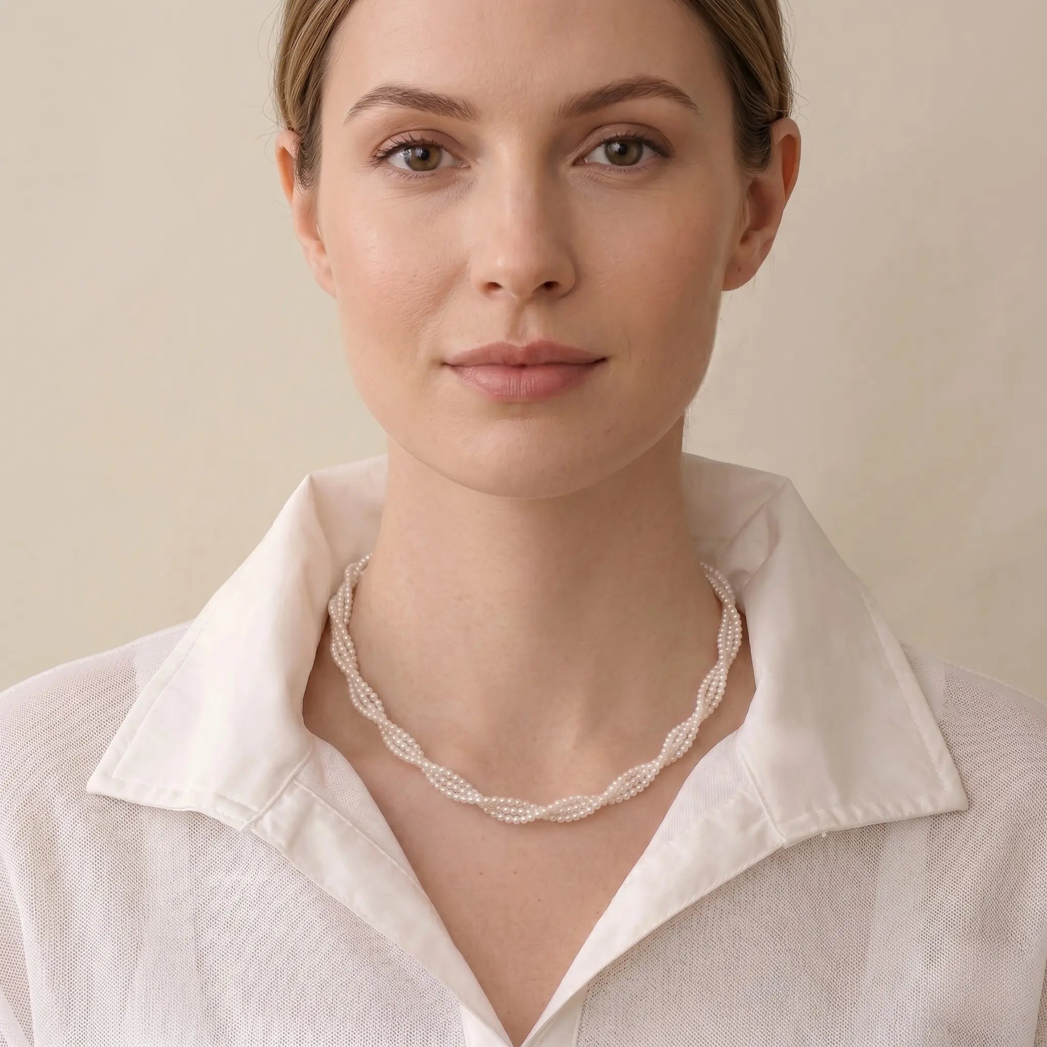 Vintage French Style Layered Micro Pearl Choker - Elegant 3-3.5mm-Strand Tiny White Pearl Woven Necklace with Gold Clasp