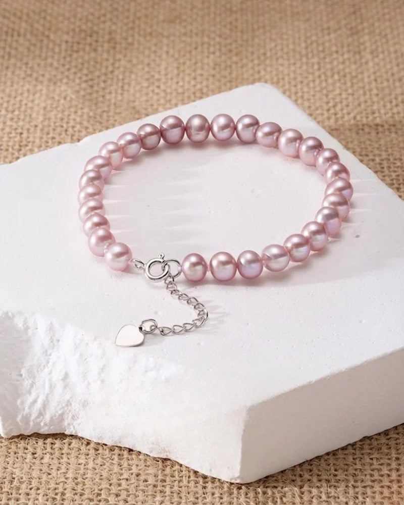 7-7.5mm Natural Purple Pearl Bracelet, S925 Sterling Silver Lavender Pearl Strand
