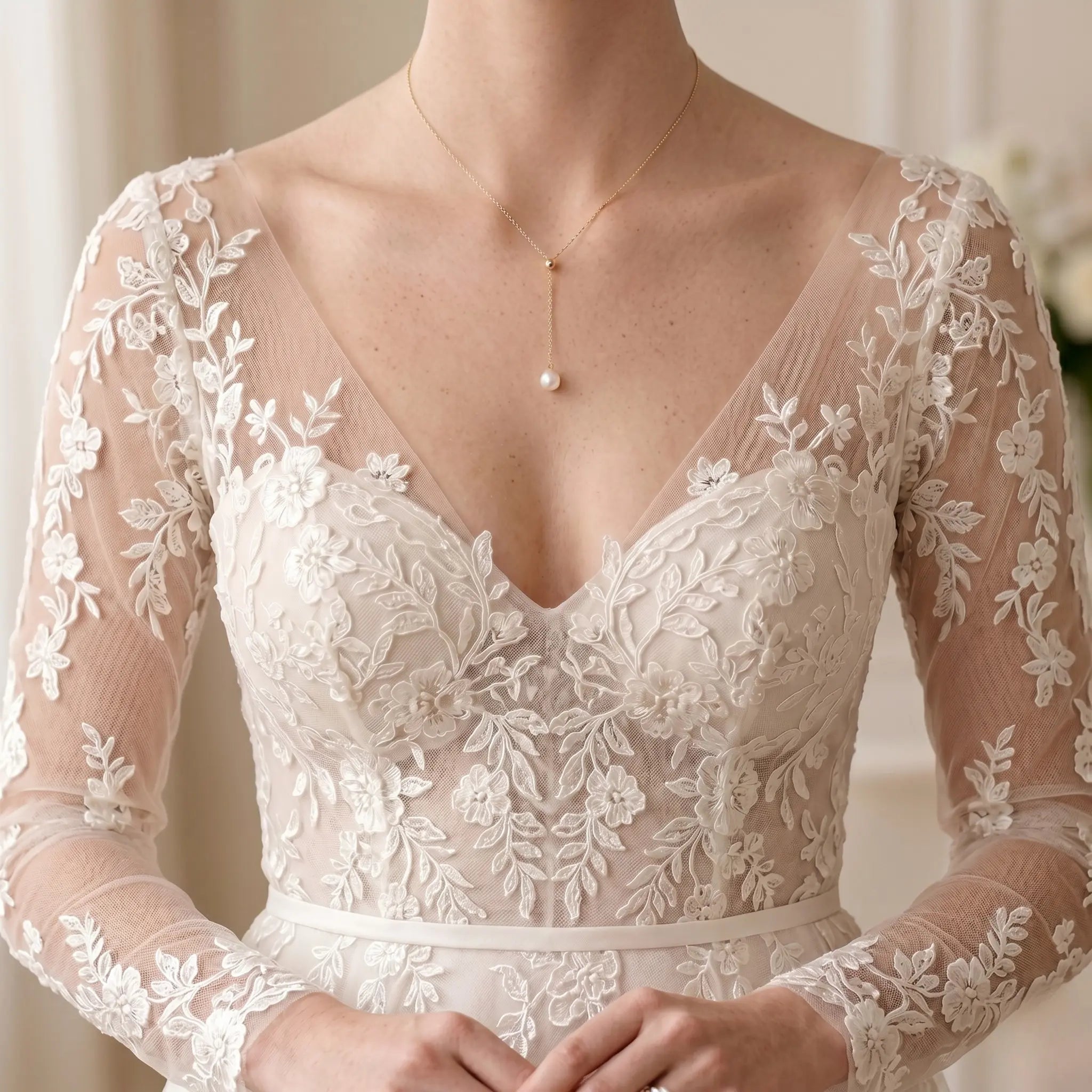 Wedding Pearl Necklace for Bride, 18K Solid Gold Au750 9-9.5mm Genuine Freshwater Pearl Y-Chain Drop