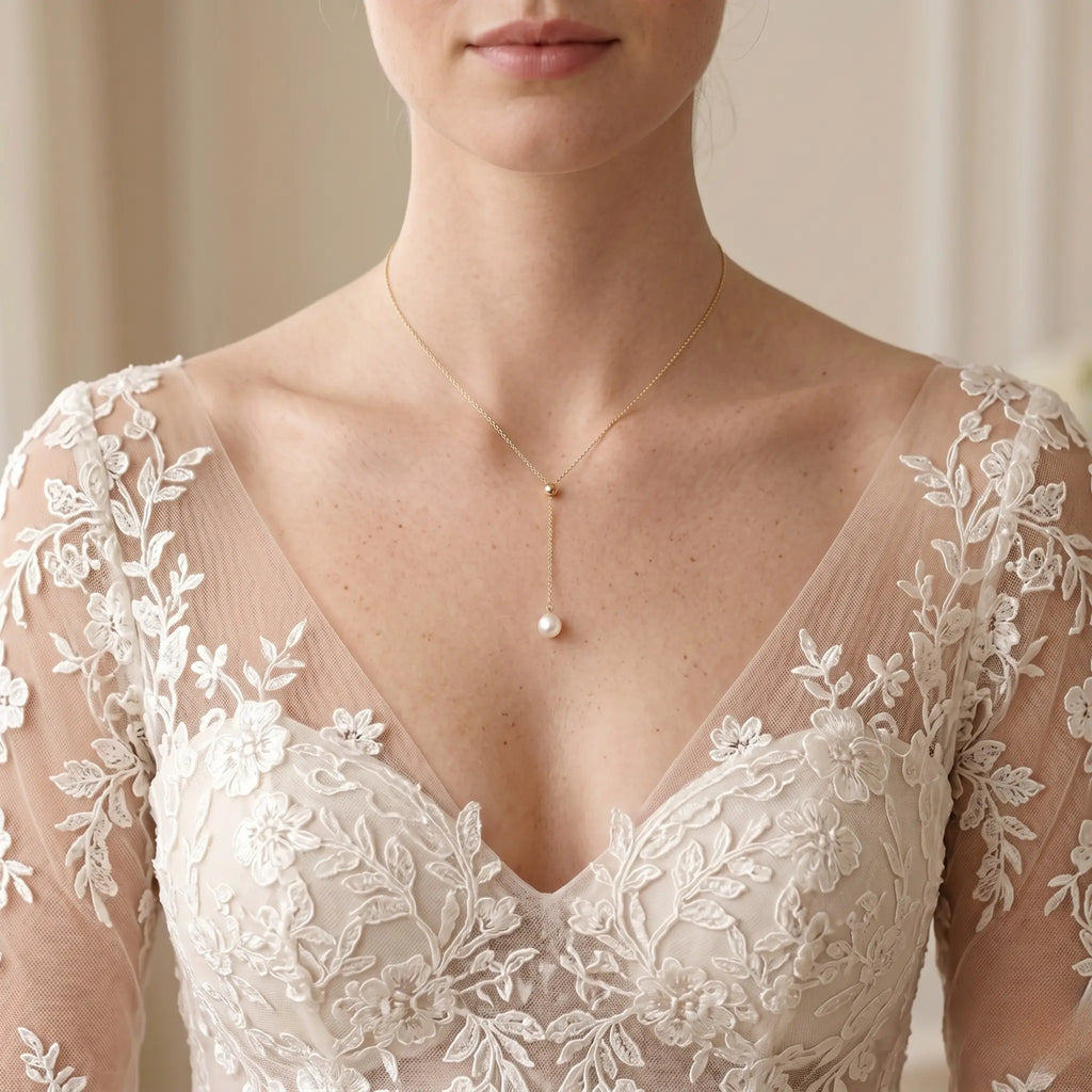 Wedding Pearl Necklace for Bride, 18K Solid Gold Au750 9-9.5mm Genuine Freshwater Pearl Y-Chain Drop