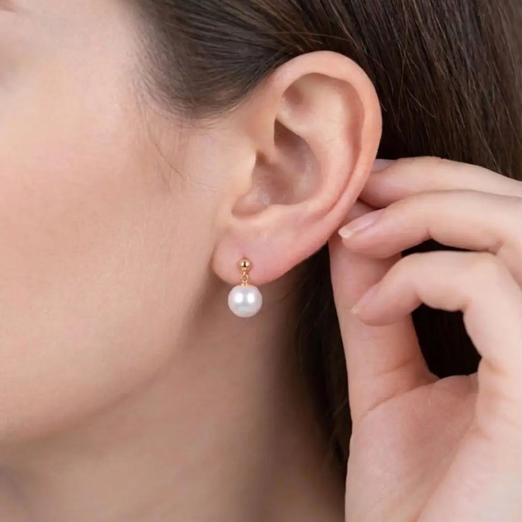 18K Gold Japanese Akoya Pearl Earrings, 5mm-7.5mm Genuine White Pearls