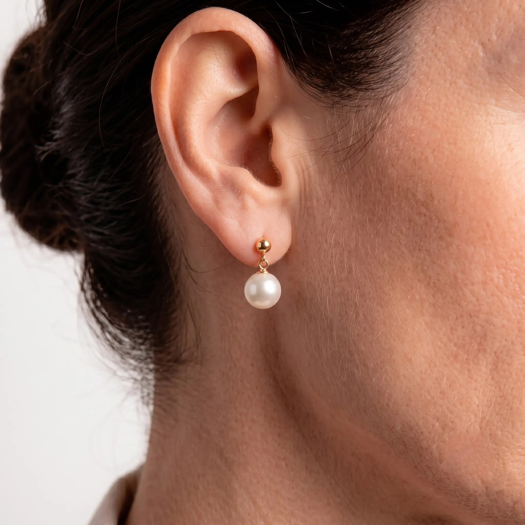 18K Solid Gold 9-9.5mm White Edison Pearl Dangle Earrings for Women