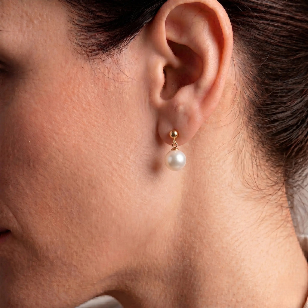 18K Gold Japanese Akoya Pearl Earrings, 5mm-7.5mm Genuine White Pearls