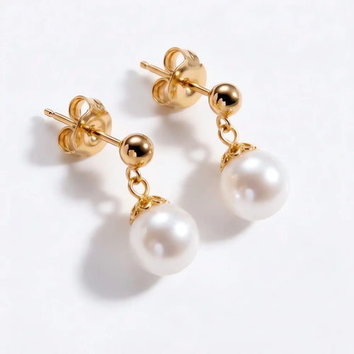 18K Gold Japanese Akoya Pearl Earrings, 5mm-7.5mm Genuine White Pearls
